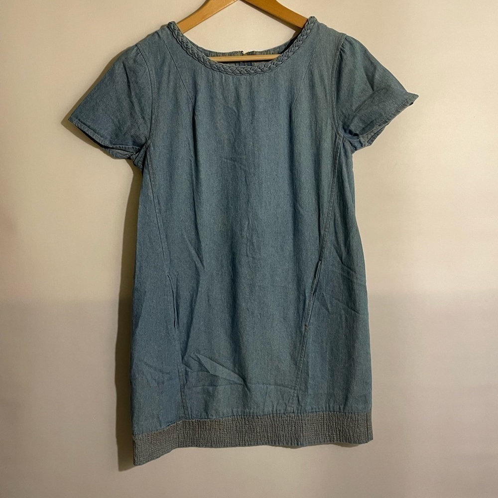 Anthropologie Holding Horses Blue Chambray  Denim Shift Dress Sz M Braided Neck